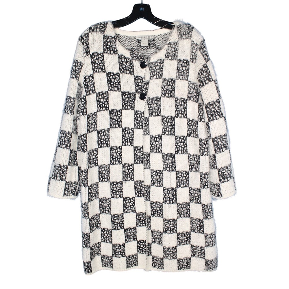 OUTLANDER Black/White CHECKERED 2-Button SOFT & FUZZY CARDIGAN SWEATER Sz XL